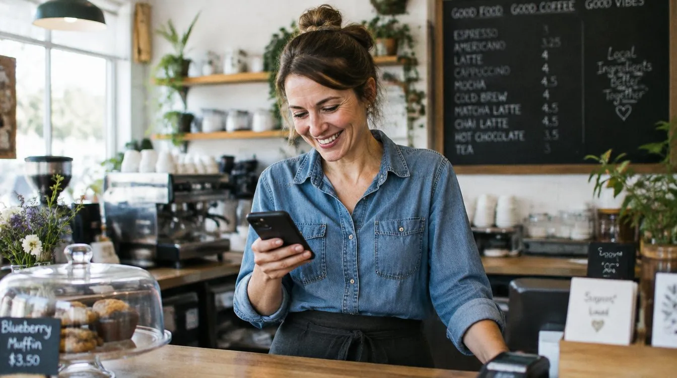 A cafe owner smiling at her phone behind the counter
