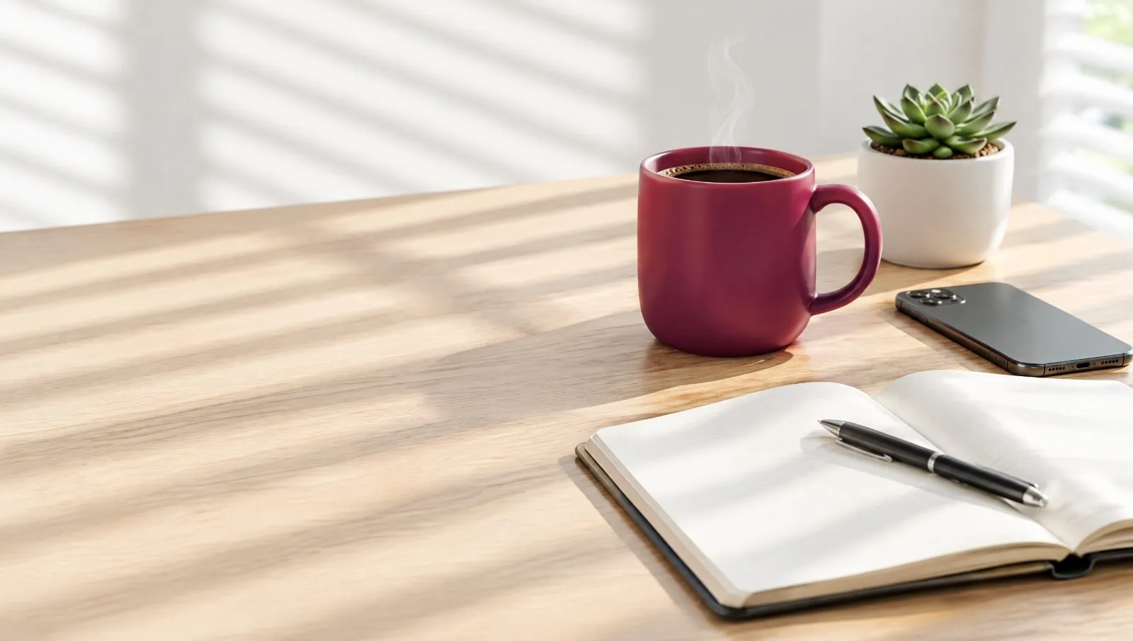 A coffee mug, notebook and phone on a sunny desk