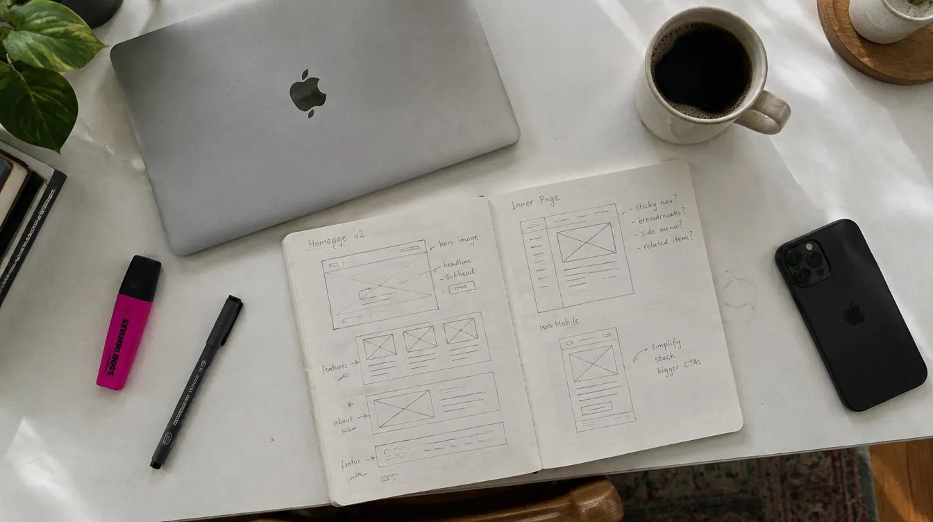 Hand-drawn website wireframes in a sketchbook next to a laptop